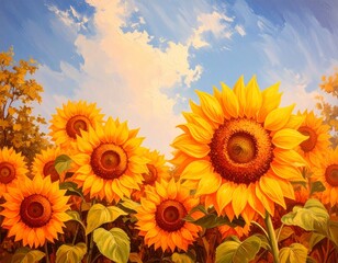 Fototapeta premium ひまわりの花と快晴の空 イラスト