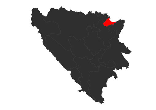Vector silhouette map of Bosnia and Herzegovina with Brčko District highlighted red. Shows the specific geographic area of this administrative division.
