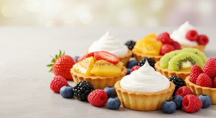 Colorful Fruit Tarts with Whipped Cream and Fresh Berries on a Light Background