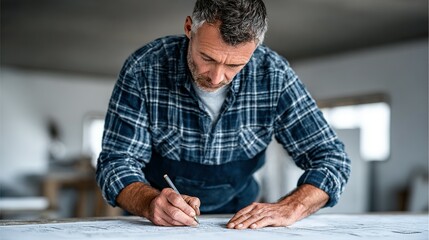 A mature craftsman meticulously marks plans on a workbench.