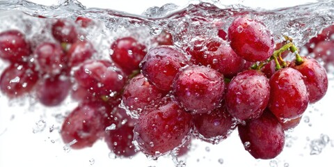 Fresh red grapes splashing into water, creating a dynamic and vibrant scene.