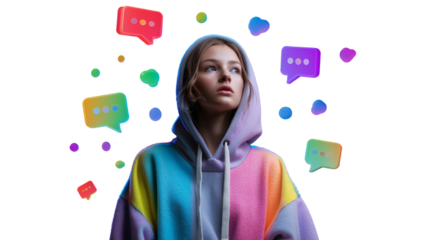 Teen girl in colorful hoodie with 3D notification bubbles around, modern youth vibe, PNG