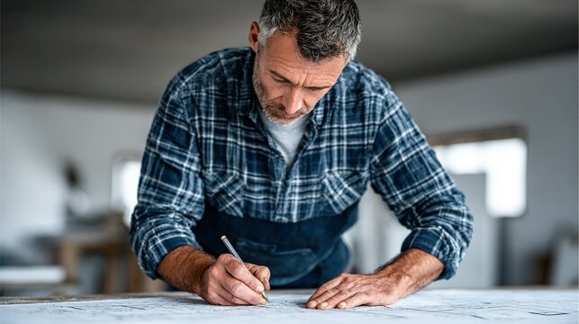 A mature craftsman meticulously marks plans on a workbench.