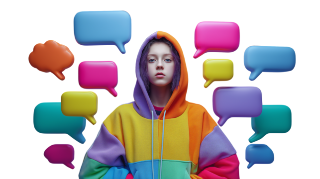 Teen girl in colorful hoodie with 3D notification bubbles around, modern youth vibe, PNG - Powered by Adobe