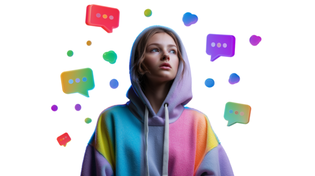 Teen girl in colorful hoodie with 3D notification bubbles around, modern youth vibe, PNG