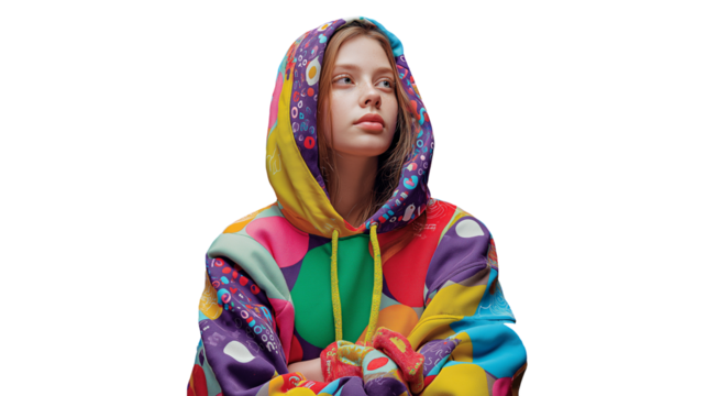 Teen girl in colorful hoodie with 3D notification bubbles around, modern youth vibe, PNG