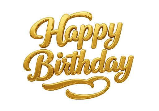 Golden happy birthday lettering in a decorative script font isolated on transparent background