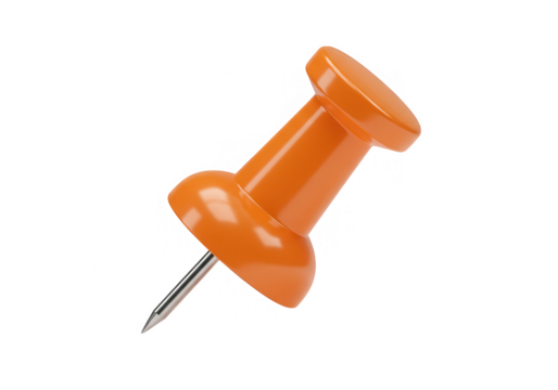 An orange pushpin with a metal needle isolated on transparent background