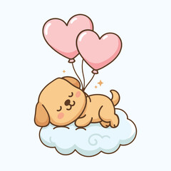 Cute Dog Sleeping on Cloud Vector | Kawaii Animal Dream Scene Illustration