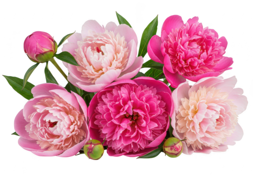 A bouquet of pink peony flowers isolated on transparent background, creating a romantic floral arrangement