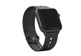 Obraz premium A black smartwatch with a silicone band isolated on transparent background, showcasing its sleek design