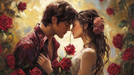 romantic couple surrounded by red roses, intimate moment of love and passion in artistic painting style. wallpaper background for web design, ads, copy prints. 

