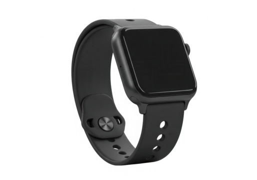 A black smartwatch with a silicone band isolated on transparent background, showcasing its sleek design
