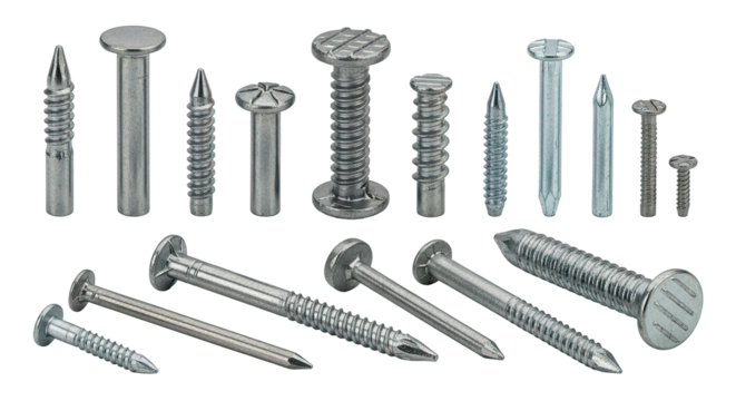 Assortment of metal fasteners, showcasing various types of nails and screws against a black backdrop.
