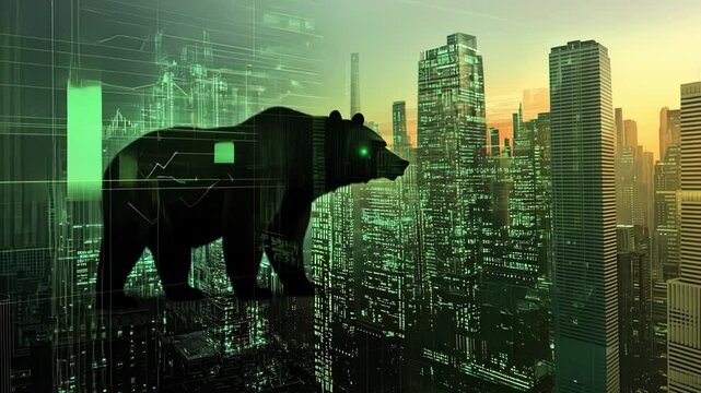 A ghostly bear arms outspread casts a wide shadow over an abandoned metropolis where the falling stock chart transforms buildings into mere silhouettes.