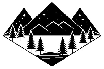 Black and white geometric mountain landscape with pine trees and stars nature silhouette