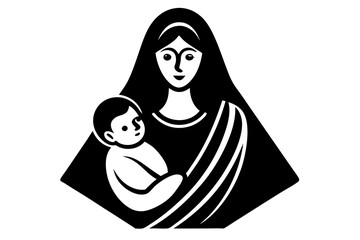 Black and white graphic illustration of a mother holding a baby child infant