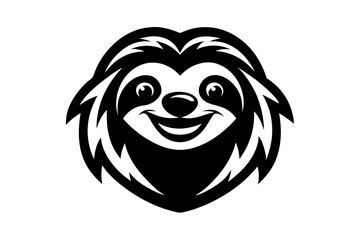 Black and white graphic illustration of a smiling sloth face animal