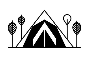 Simple black vector illustration of a tent with stylized trees camping nature