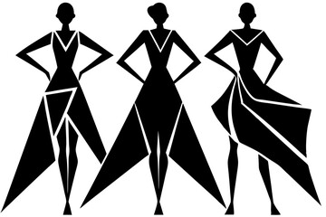 Three black silhouette fashion women in stylized geometric dresses vector