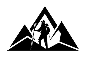 Silhouette of a hiker with backpack and walking stick against abstract mountain peaks climbing