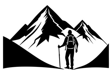 Silhouette of a hiker with a backpack and trekking pole standing before jagged snow capped mountains