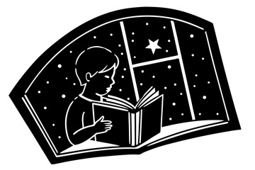 Silhouette of a child reading a book by a window at night with stars vector