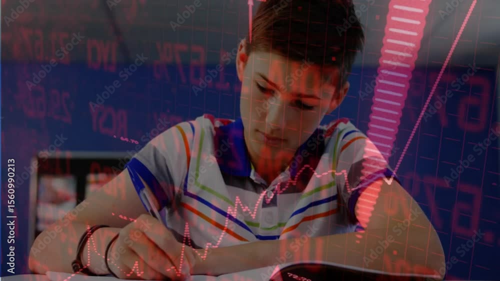 Poster boy leaning forward writing notebook for finance class animating red graph fluctuating into arrow