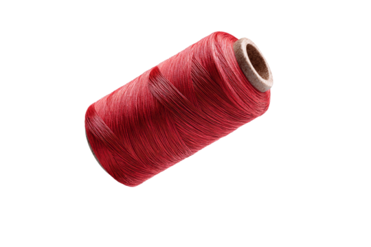 A red spool of thread is shown in a white background