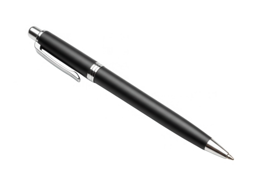 A sleek black pen with silver accents rests on a surface isolated on transparent background