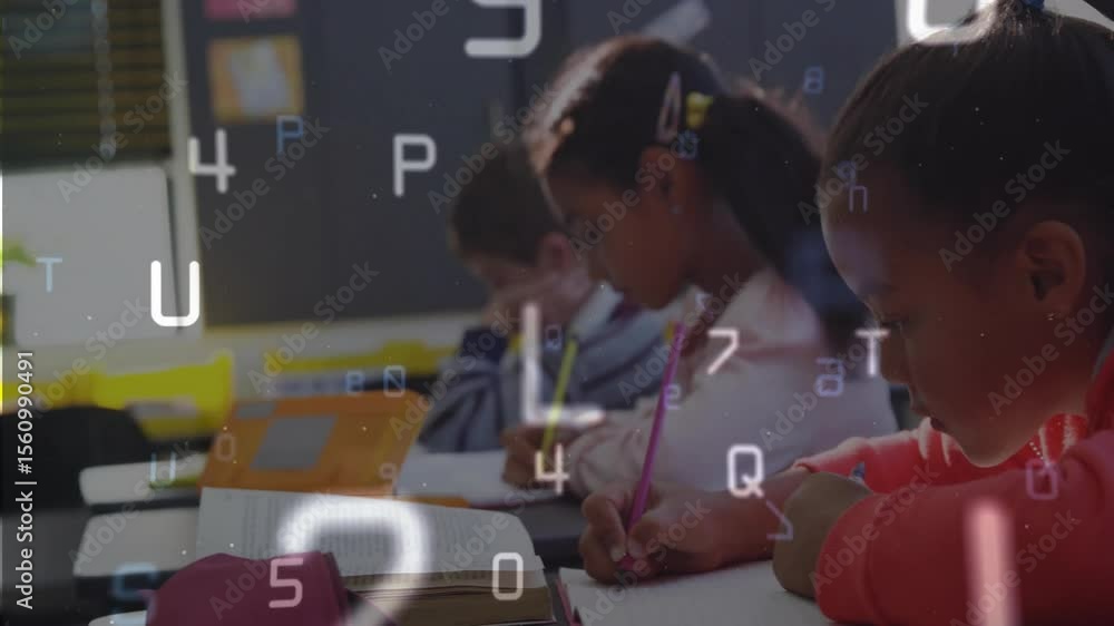 Poster three kids writing while floating educational alphanumeric characters gradually covering notebooks