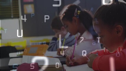 Three kids writing while floating educational alphanumeric characters gradually covering notebooks - Powered by Adobe