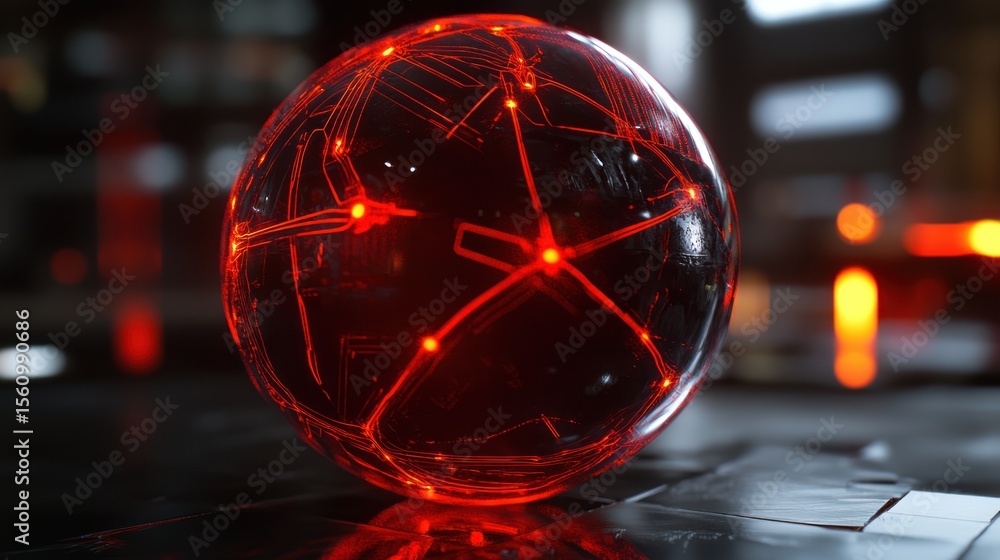 Poster abstract sphere glowing red in dark room. possible use sci-fi stock photo