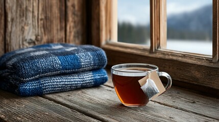 Cozy teacup by the window with a plaid blanket.