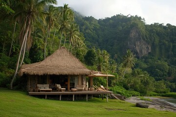 Fototapeta premium Tropical thatched hut nestled on a grassy hillside overlooking a lush valley and the ocean