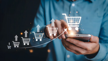 Online shopping growth shown as a man uses mobile for e-commerce, indicated by shopping carts and an upward trend line.