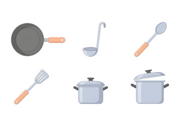 Isometric kitchen cooking tools including pot, ladle, and frying pan in clean vector style – PNG Transparent Background