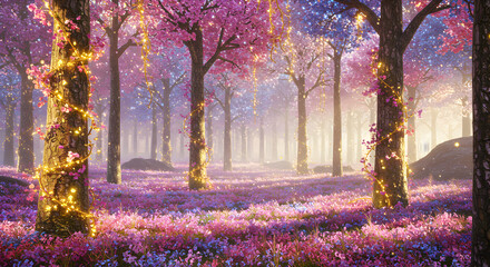 Naklejka premium Calm purple forest with soft lighting filtering through pastel-colored trees producing a surreal dreamlike vibe
