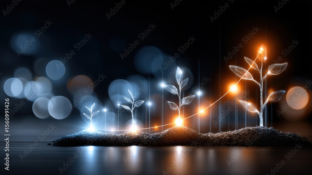 Poster a series of small trees are lit up in the dark