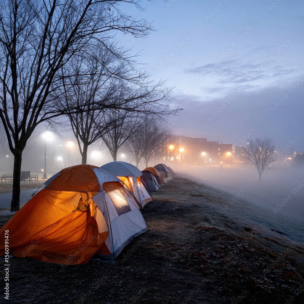 Poster a row of tents are set up on a hillside, with the sky in the background