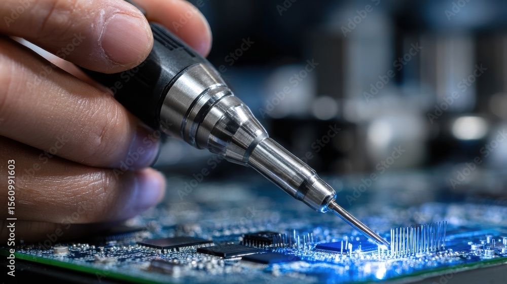 Poster a person is working on a circuit board with a soldering iron
