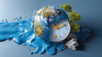 A clock is on a wet surface with a blue background