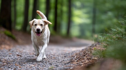 A dog is running on a dirt road in a forest