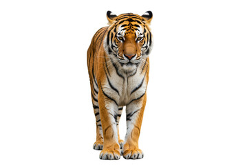 Obraz premium A majestic tiger stands isolated on transparent background, its orange and black stripes contrasting sharply against the pure white backdrop