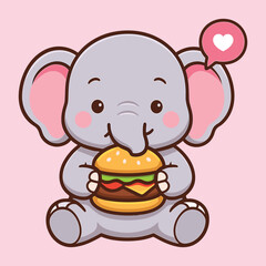 Cute Elephant Eating Burger Vector | Kawaii Fast Food Animal Clipart