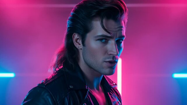 Sultry 80s inspired portrait, rock star vibe with a leather jacket in a neon-lit, vibrant atmosphere