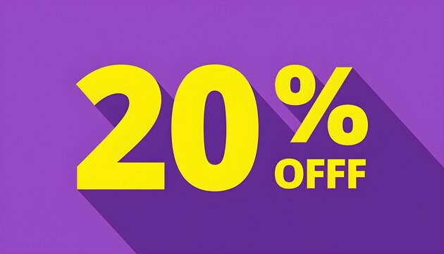 Big discount offers on products with bright yellow text announcing twenty percent off on a vibrant purple background