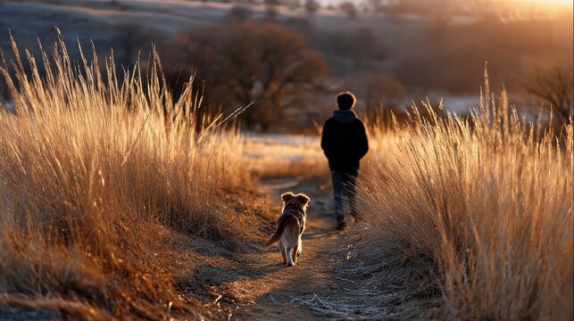 A man and his dog are walking through a field of tall grass - Powered by Adobe