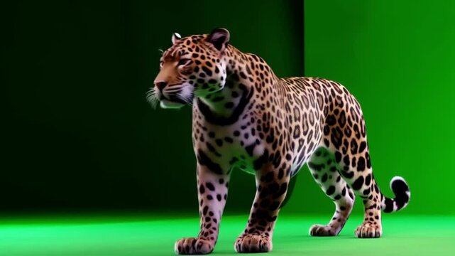 Jaguar walking slowly across a green screen looking to the side with its tail swinging gently green screen animal video