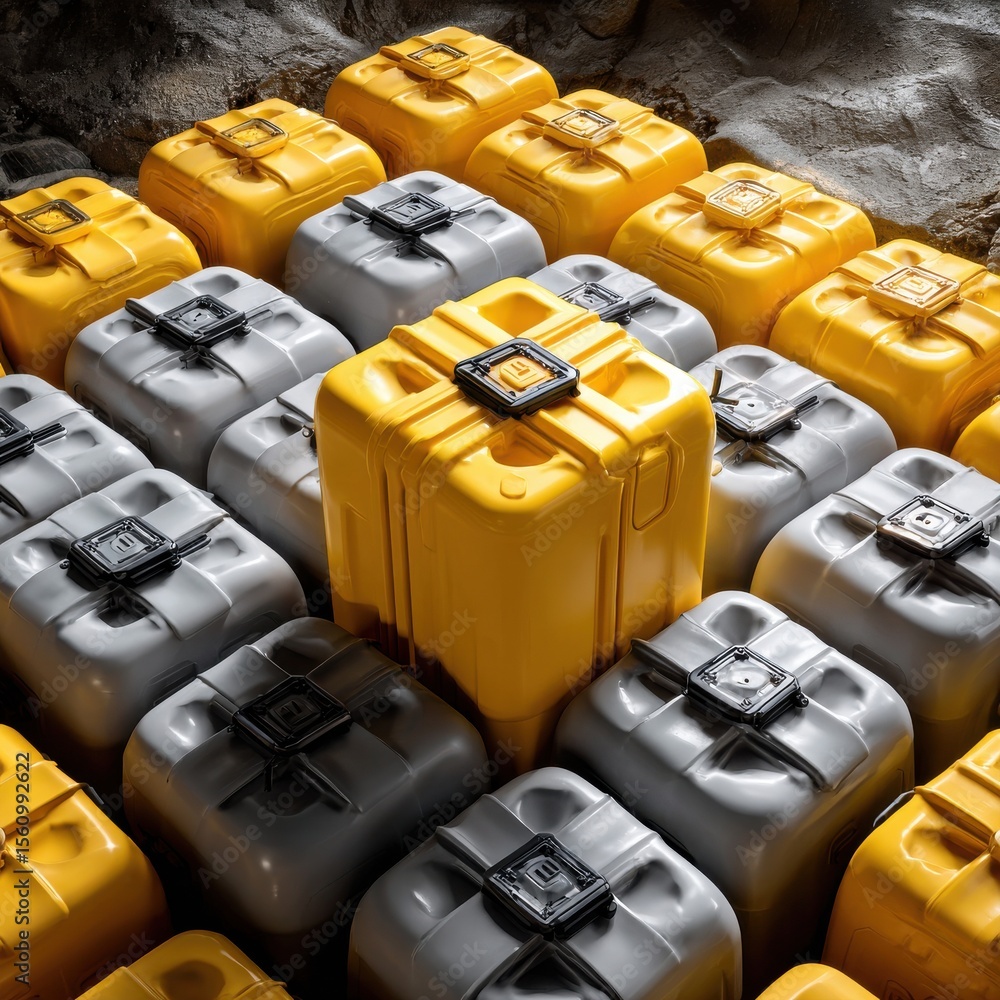 Poster A row of yellow and gray boxes are stacked on top of each other